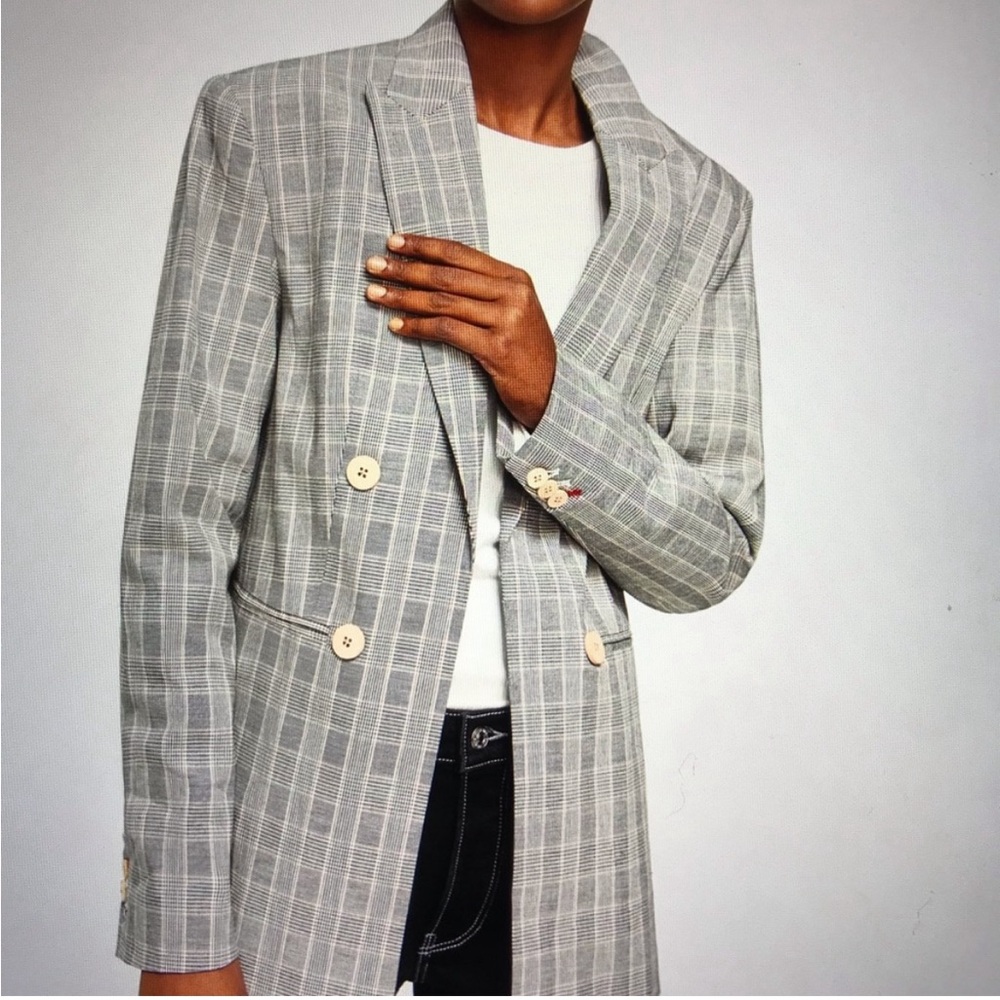 Mango Cotton Blend Checkered Plaid Blazer wooden buttons with red details Fall